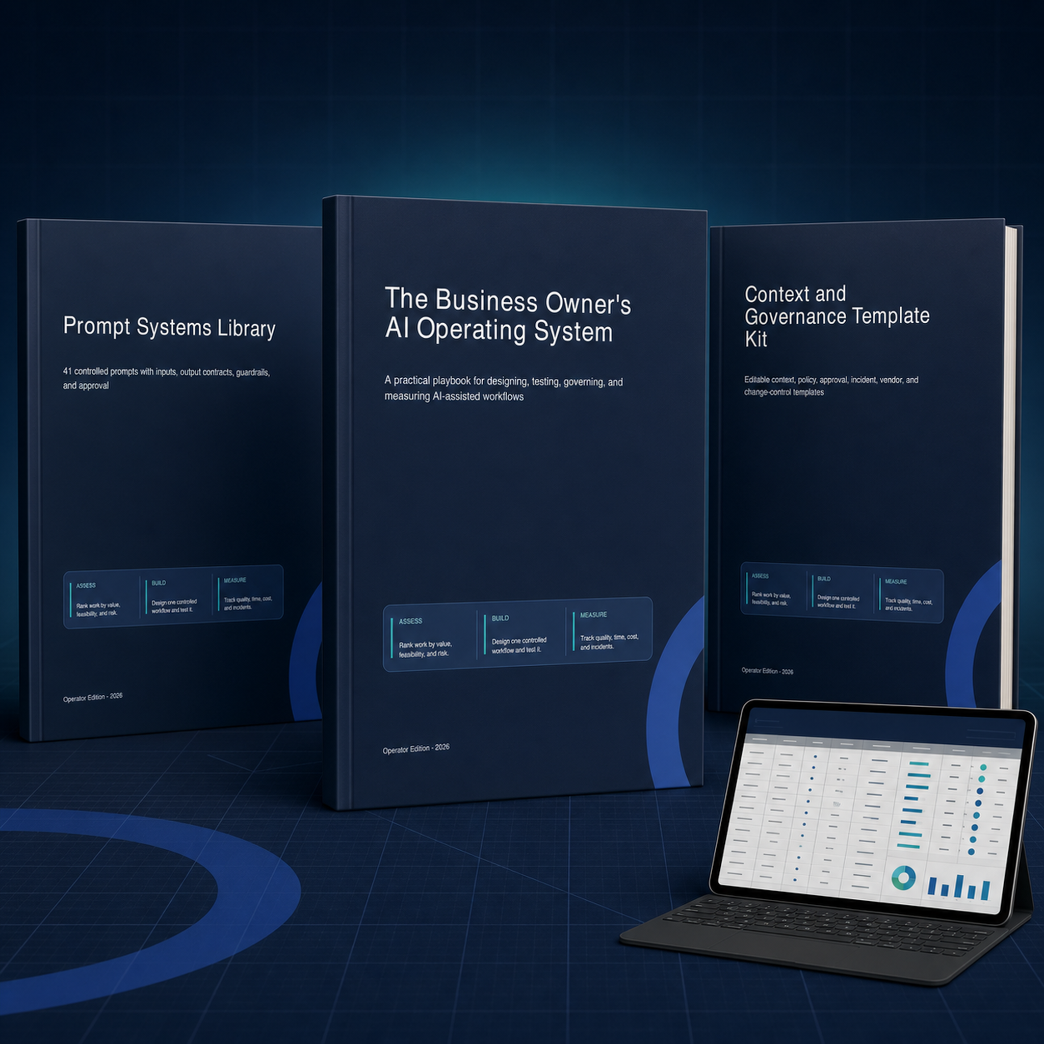 The Business Owner's AI Operating System — the complete bundle: AI Operating Playbook, Prompt Systems Library, Context and Governance Template Kit, and a tablet showing the Implementation OS dashboard.
